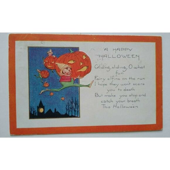 Halloween Postcard Whitney Running Fairy Gnome Elf Brownie 1923 Boston Fantasy - Picture 2 of 5